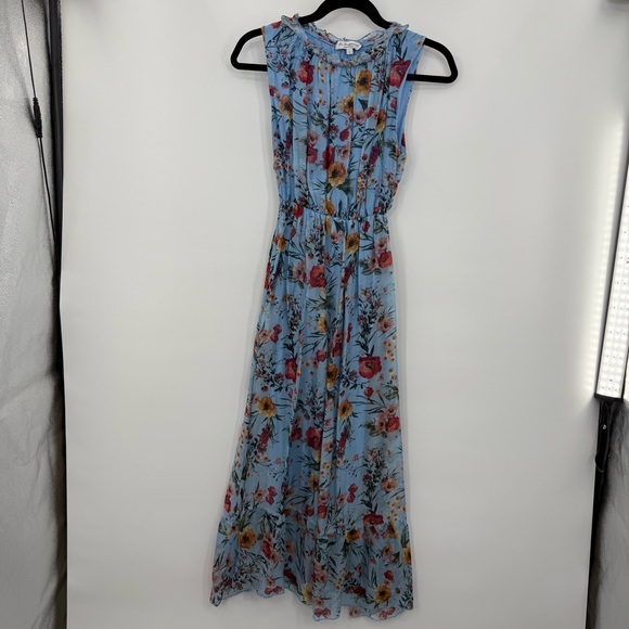 Le Ragazze Tiered Floral Airy Silk Sleeveless Midi Maxi Dress Floral Blue L - Picture 4 of 10